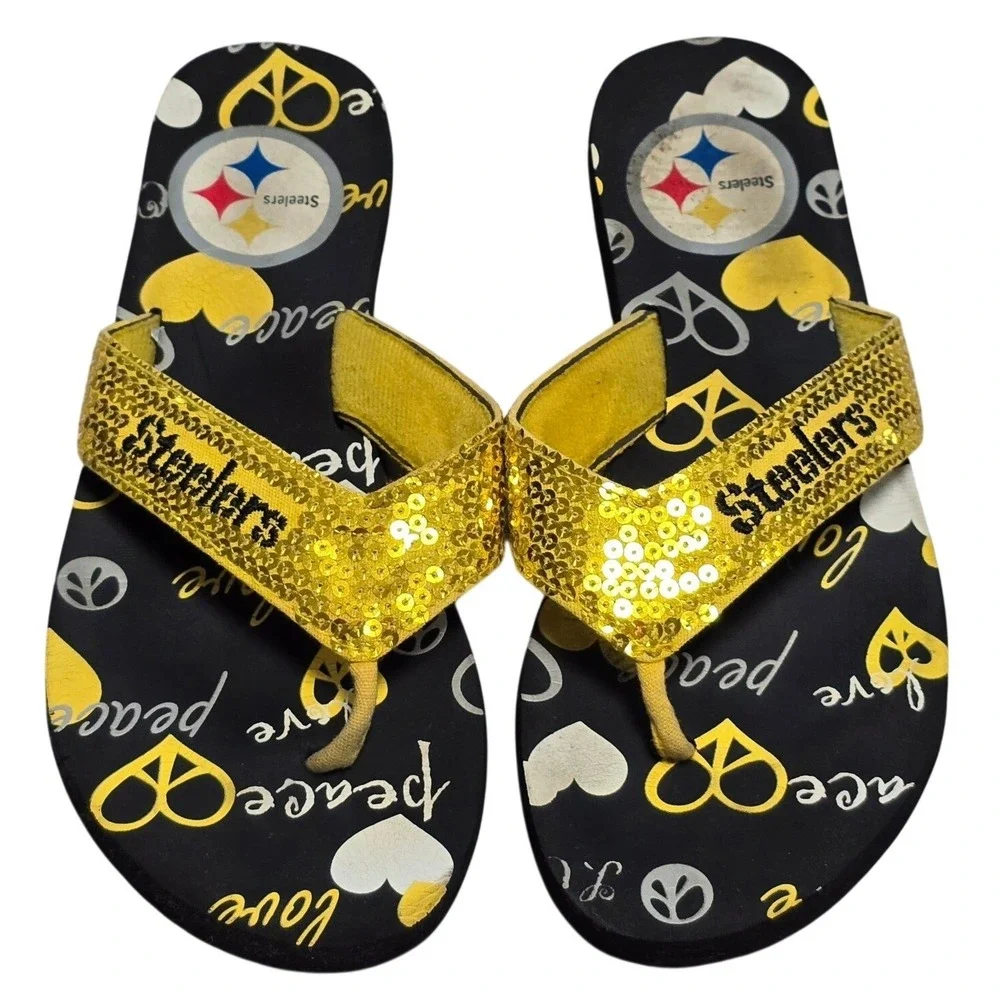 Pittsburgh‎ Steelers Womens M Flip Flops Shoes  Sparkle Sequin Peace Love